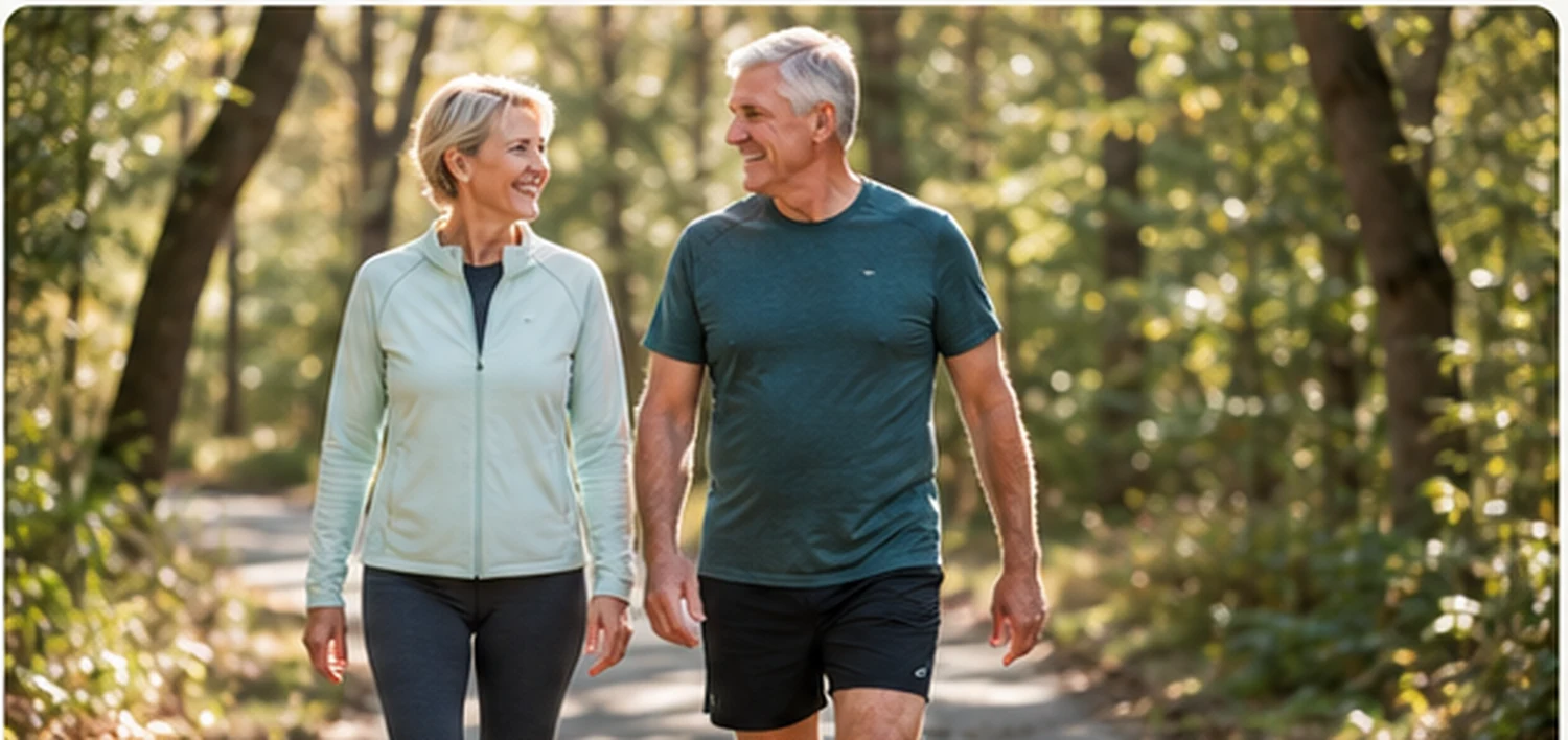 Active older adults walking outdoors, representing reader-supported healthy-aging evidence research.
