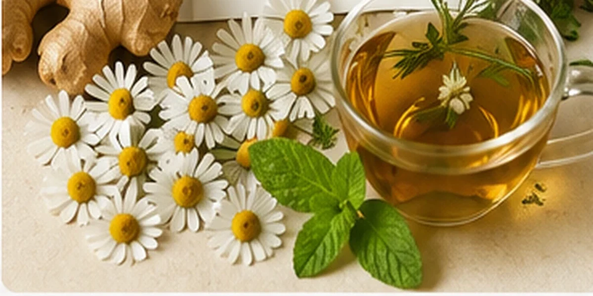Chamomile flowers, fresh ginger, mint and a cup of herbal tea.