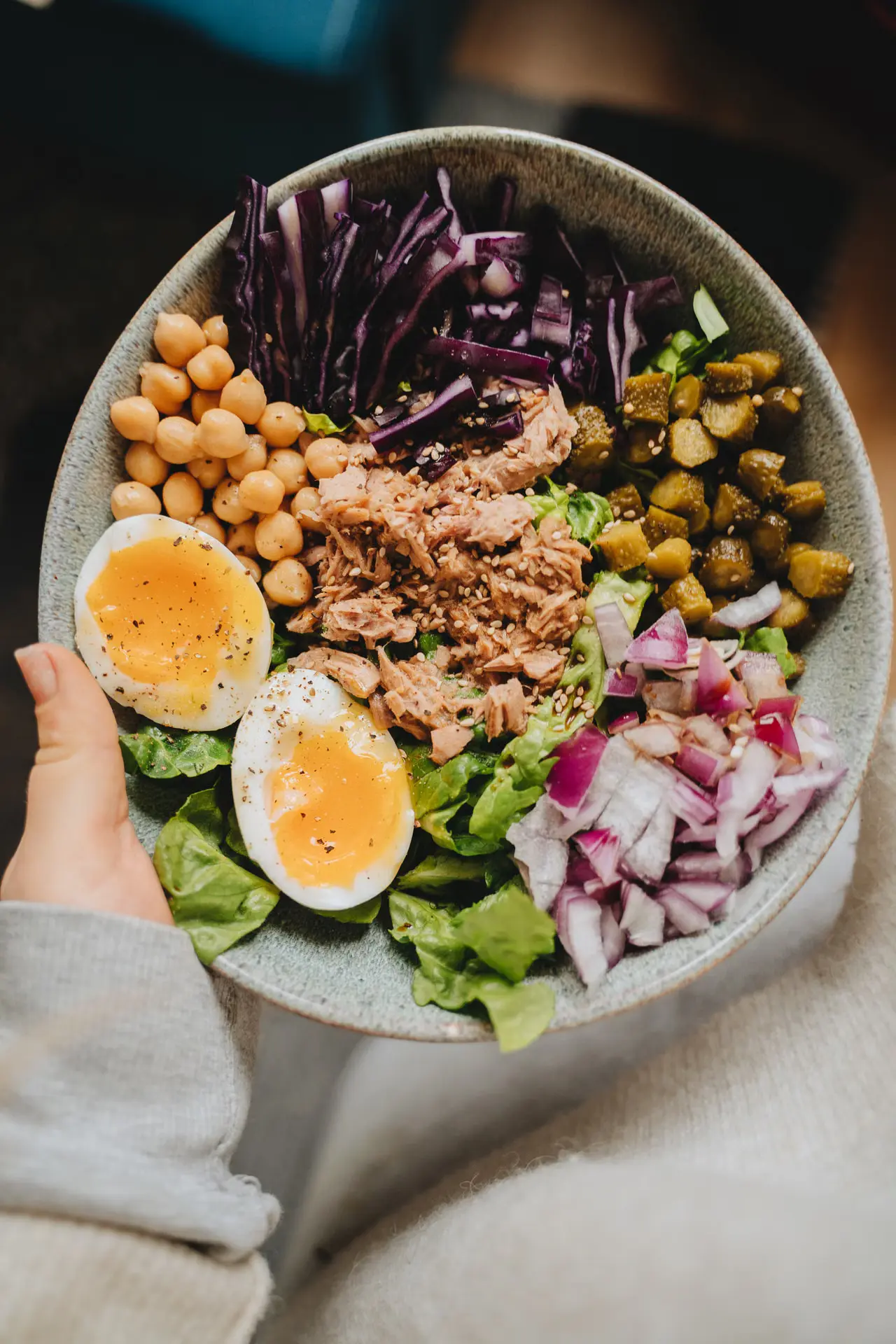 Balanced protein bowl with tuna, eggs, chickpeas and vegetables.
