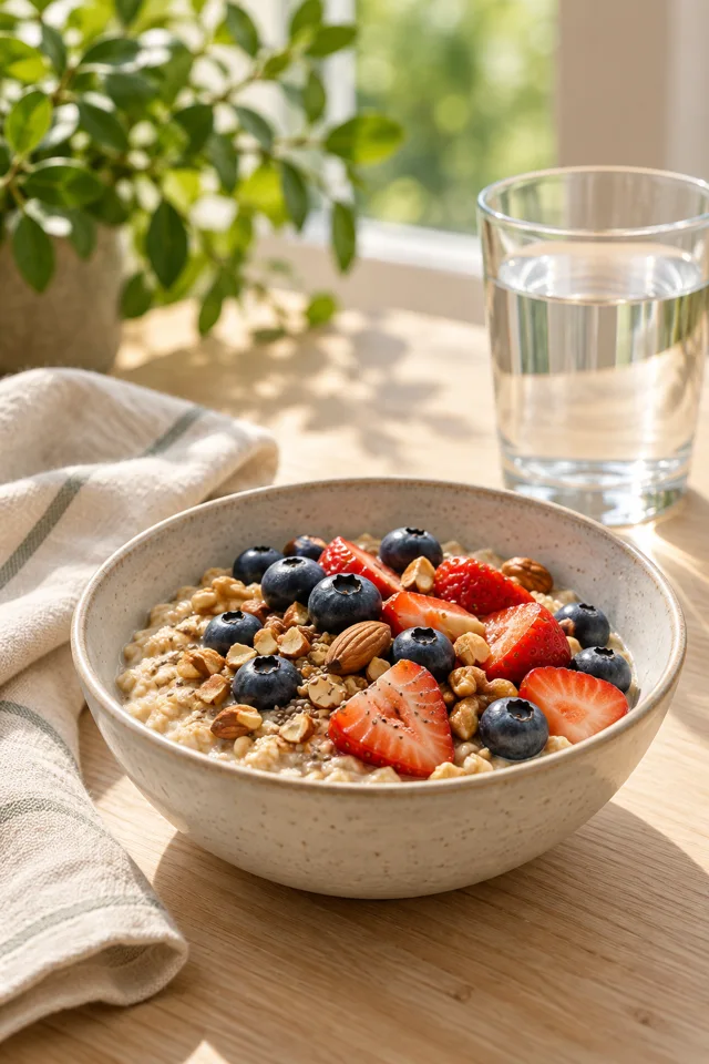 Oats with berries and a glass of water in soft morning sunlight
